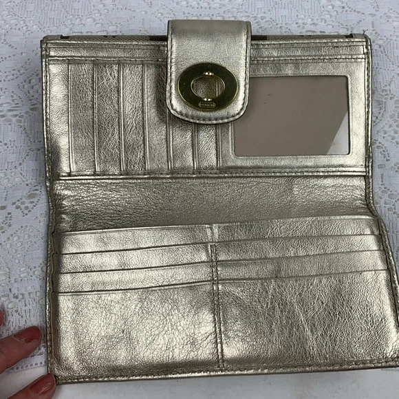 Vintage Coach Leather Fabric Wallet Signature C Turnkey opening Tan Gold shine - Picture 6 of 16